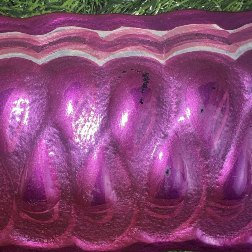 Fused Art Glass Ribbon Candy Tray Blue Magenta Silver Christmas Candy Dish Set